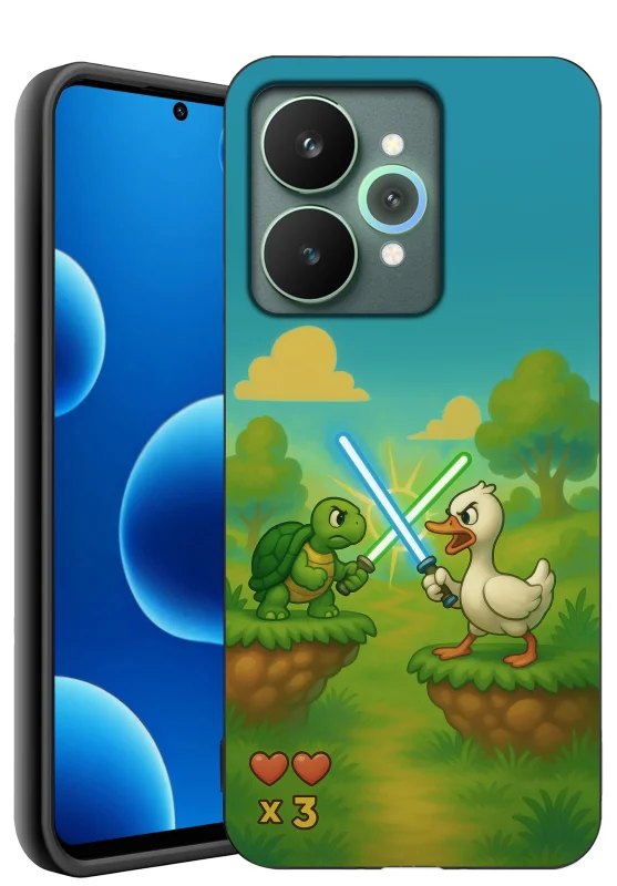 Etui gamingowe do Realme 15 5G / Realme 15 Pro 5G – motyw kaczki i żółwia walczących na miecze świetlne