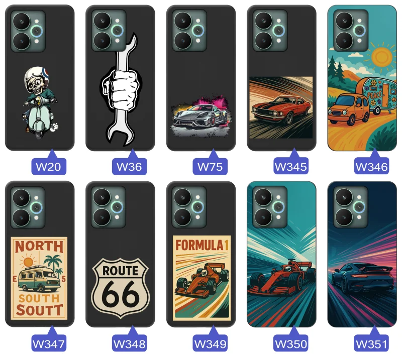 Kolekcja etui do Realme 15 5G / 15 Pro 5G z motywami samochodów, motocykli, Formuły 1, Route 66 i klasycznych aut