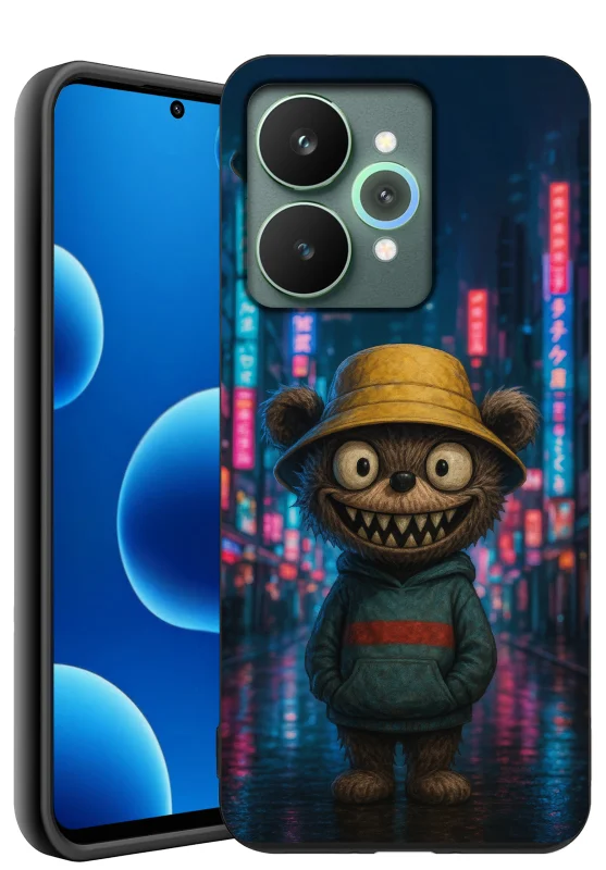 Etui z misiem do Realme 15 5G / Realme 15 Pro 5G – motyw misia w kapeluszu w neonowym mieście
