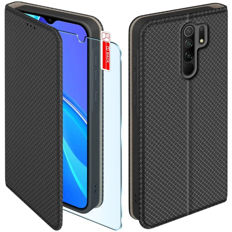 Czarne etui z klapką do Xiaomi Redmi 9 ze szkłem hartowanym – widok przodu i tyłu z elegancką, teksturowaną powierzchnią