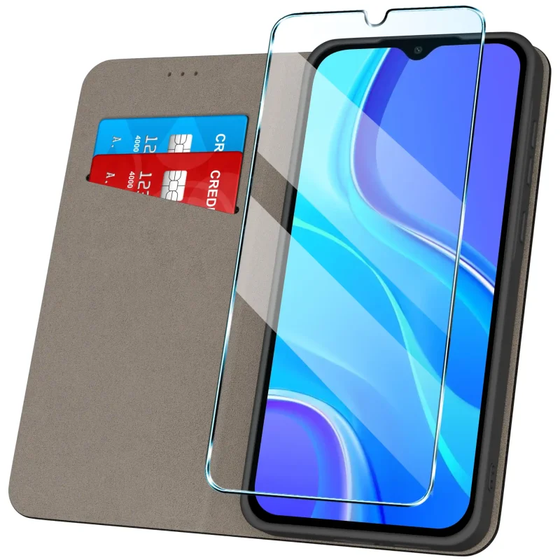 Etui z klapką do Xiaomi Redmi 9 z kieszonkami na karty – widok wnętrza i ochrona ekranu