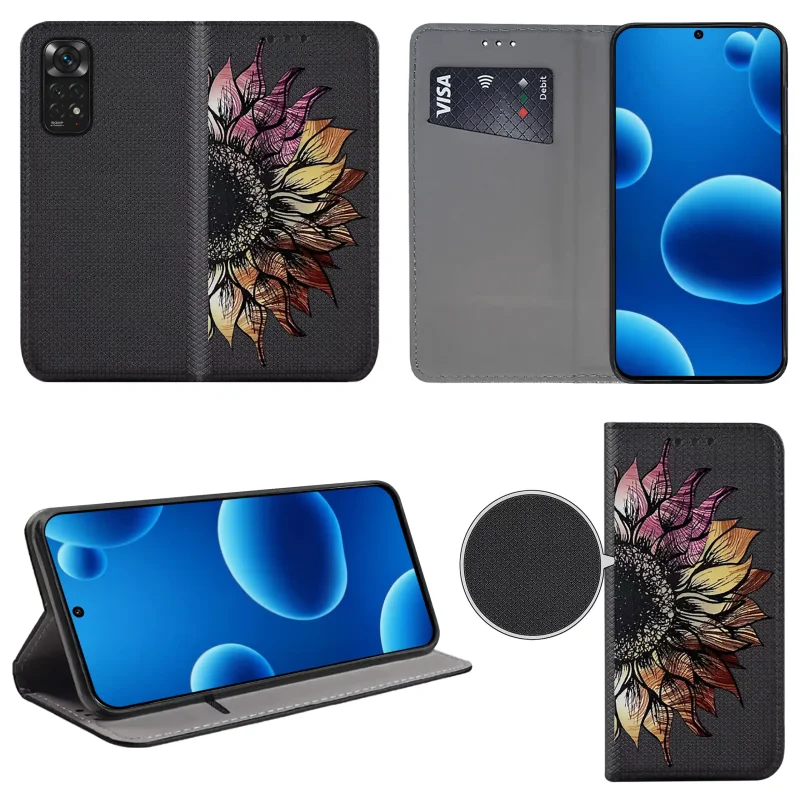 Etui książkowe do Xiaomi Redmi Note 11 / 11s z kwiatem, widok przodu i tyłu, kieszonka na kartę oraz funkcja podstawki