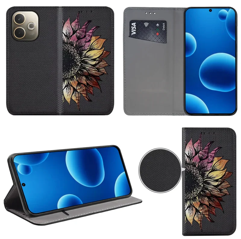 Etui książkowe do Oppo A5 Pro 5G z kwiatem, widok przodu i tyłu, kieszonka na kartę oraz funkcja podstawki