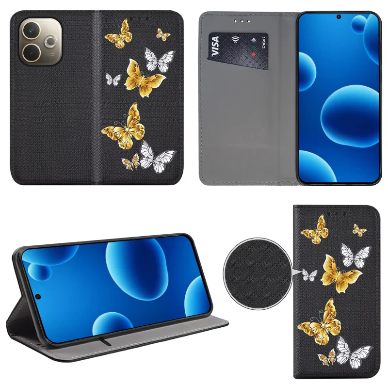Etui książkowe do Oppo A5 Pro 5G z kolorowym wzorem, widok przodu i tyłu, kieszonka na kartę oraz funkcja podstawki