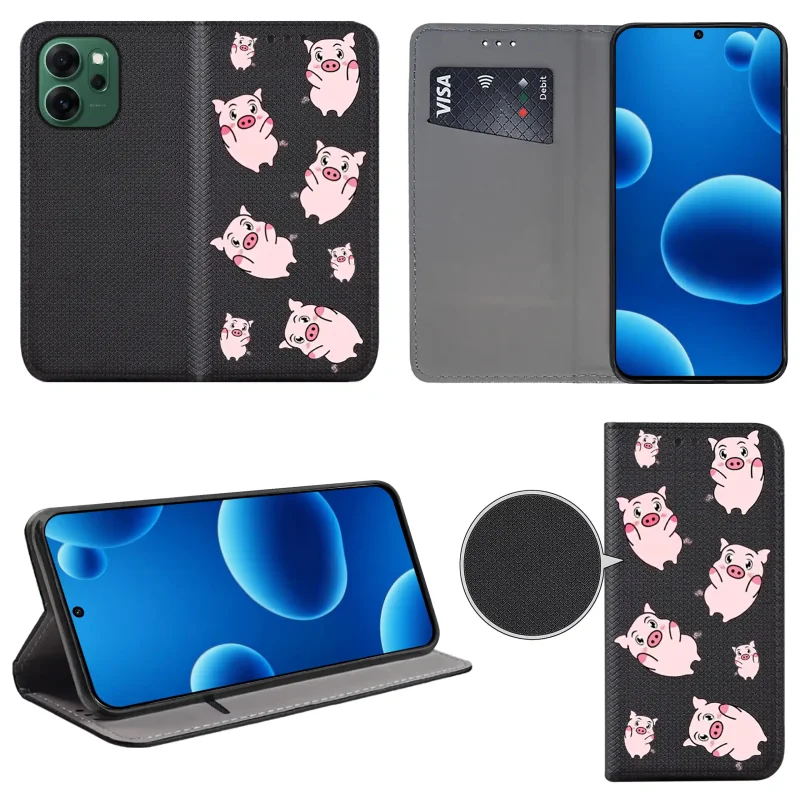 Etui książkowe do Oppo Reno 14 FS 5G / 14 F 5G z nadrukiem świnek, widok przodu i tyłu, kieszonka na kartę oraz funkcja podstawki