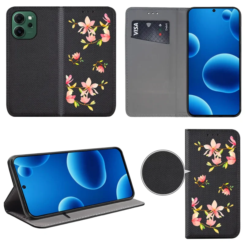 Etui książkowe do Oppo Reno 14 FS 5G / 14 F 5G z kobiecym wzorem, widok przodu i tyłu, kieszonka na kartę oraz funkcja podstawki