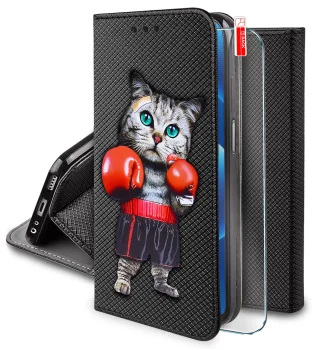 Etui do Oppo Reno 14 FS 5G / 14 F 5G zamykane malowane wzór kot ze szkłem