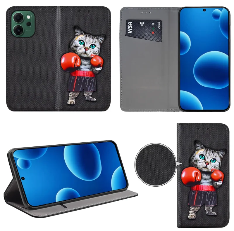 Etui książkowe do Oppo Reno 14 FS 5G / 14 F 5G z kotem, widok przodu i tyłu, kieszonka na kartę oraz funkcja podstawki