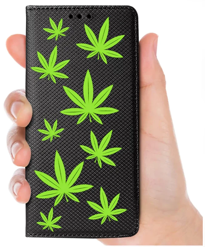 Etui zamykane do Oppo Reno 14 FS 5G / 14 F 5G z wzorem liści, trzymane w dłoni, wyrazisty nadruk