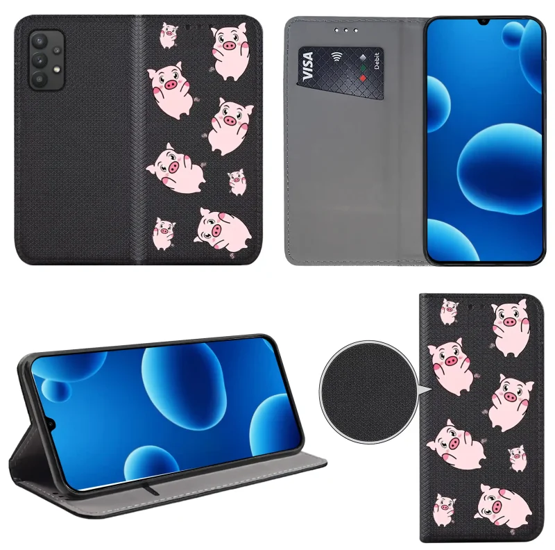 Etui książkowe do Samsung Galaxy A32 5G z nadrukiem świnek, widok przodu i tyłu, kieszonka na kartę oraz funkcja podstawki