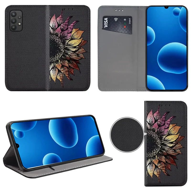 Etui książkowe do Samsung Galaxy A32 5G z kwiatem, widok przodu i tyłu, kieszonka na kartę oraz funkcja podstawki