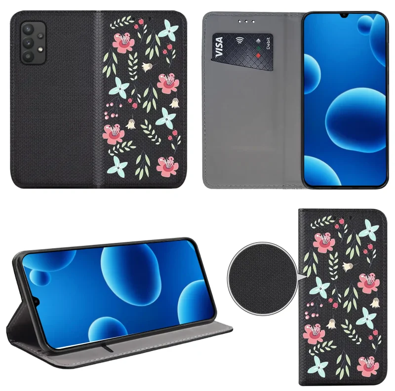 Etui książkowe do Samsung Galaxy A32 5G z damskim wzorem, widok przodu i tyłu, kieszonka na kartę oraz funkcja podstawki
