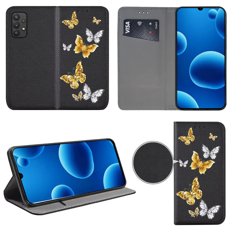 Etui książkowe do Samsung Galaxy A32 5G z kolorowym wzorem, widok przodu i tyłu, kieszonka na kartę oraz funkcja podstawki