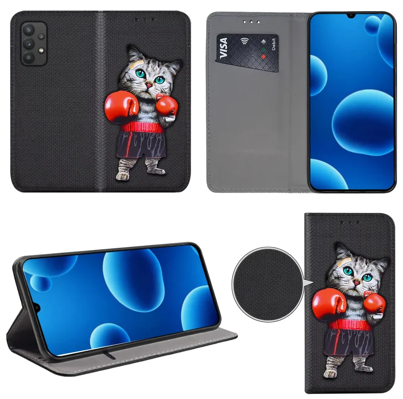 Etui książkowe do Samsung Galaxy A32 5G z kotem, widok przodu i tyłu, kieszonka na kartę oraz funkcja podstawki