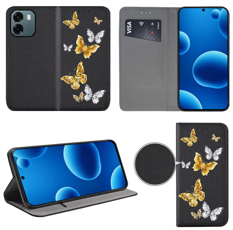 Etui książkowe do Oppo A6 4G / A6x z kolorowym wzorem, widok przodu i tyłu, kieszonka na kartę oraz funkcja podstawki