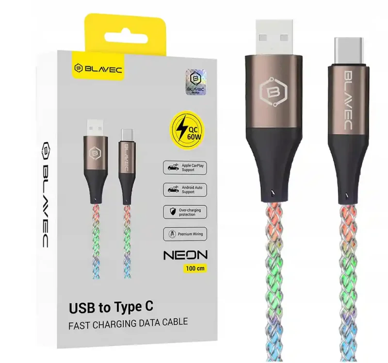 Świecący kabel do telefonu Blavec USB - USB-C 60W 1m z opakowaniem