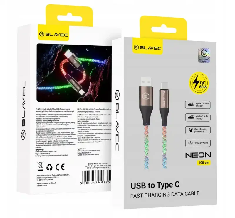 Opakowanie kabla świecącego Blavec USB-A USB-C 60W 1m