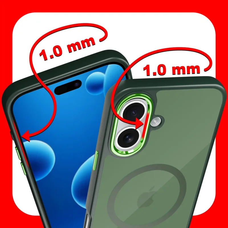 Etui magnetyczne iPhone 16 zielone – zaznaczone podwyższone ranty 1 mm chroniące ekran i aparat