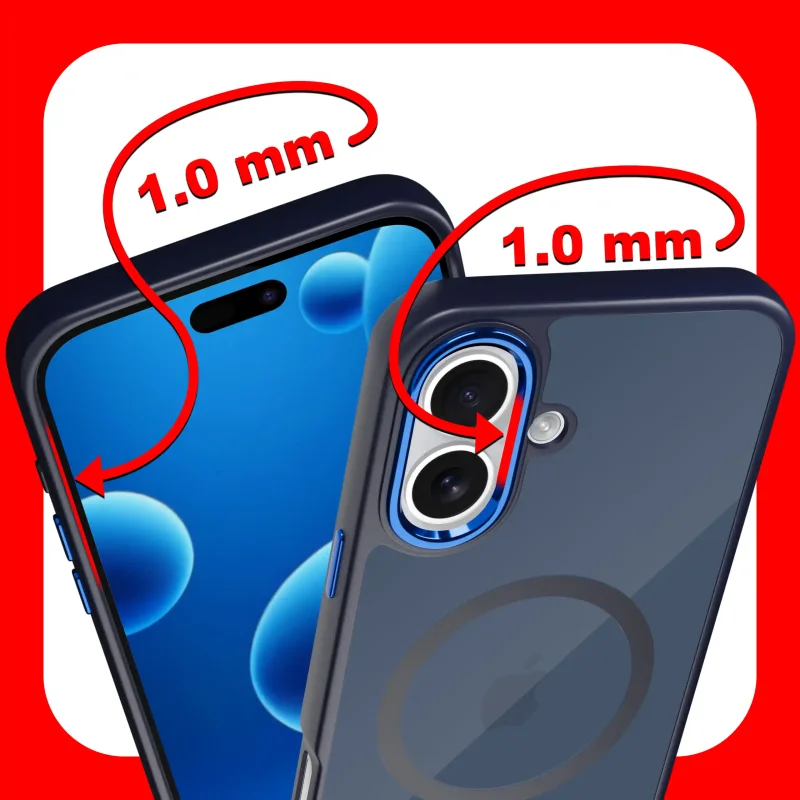 Etui magnetyczne iPhone 16 granatowe – zaznaczone podwyższone ranty 1 mm chroniące ekran i aparat