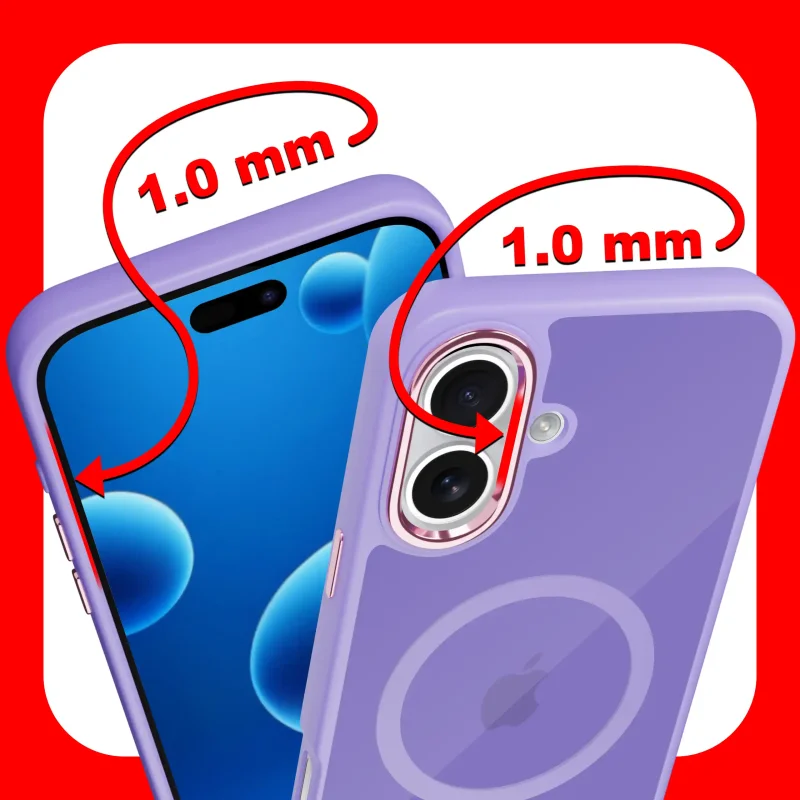 Etui magnetyczne iPhone 16 fioletowe – zaznaczone podwyższone ranty 1 mm chroniące ekran i aparat