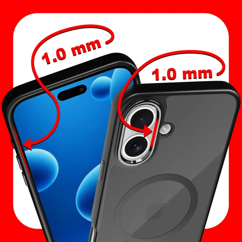 Etui magnetyczne iPhone 16 czarne – zaznaczone podwyższone ranty 1 mm chroniące ekran i aparat