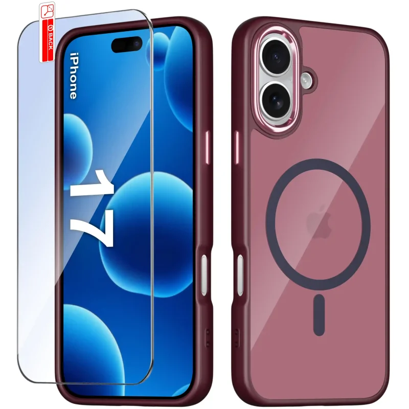 Etui MagSafe iPhone 17 burgundowe i szkło hartowane na ekran w zestawie
