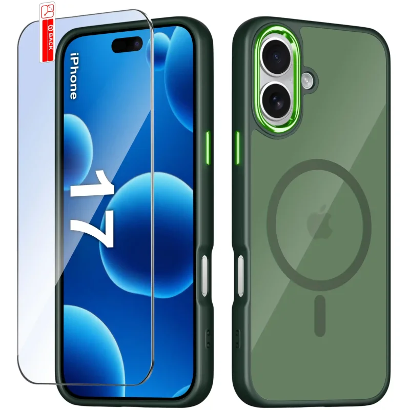Etui MagSafe iPhone 17 zielone i szkło hartowane na ekran w zestawie