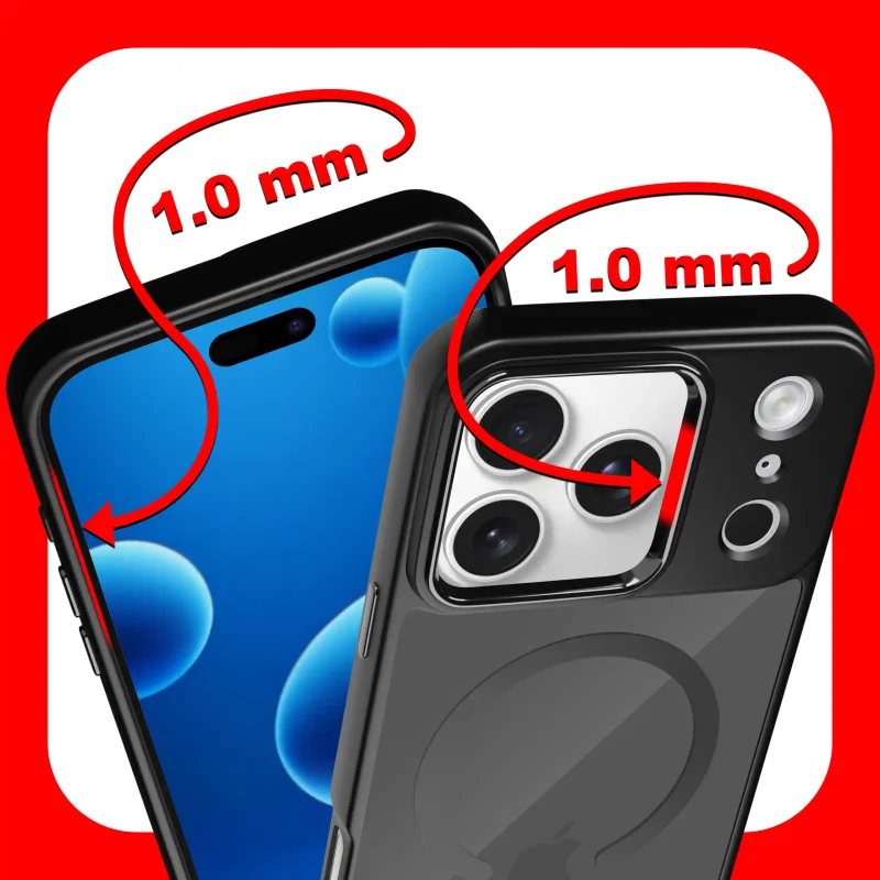 Etui magnetyczne iPhone 17 Pro czarne – zaznaczone podwyższone ranty 1 mm chroniące ekran i aparat