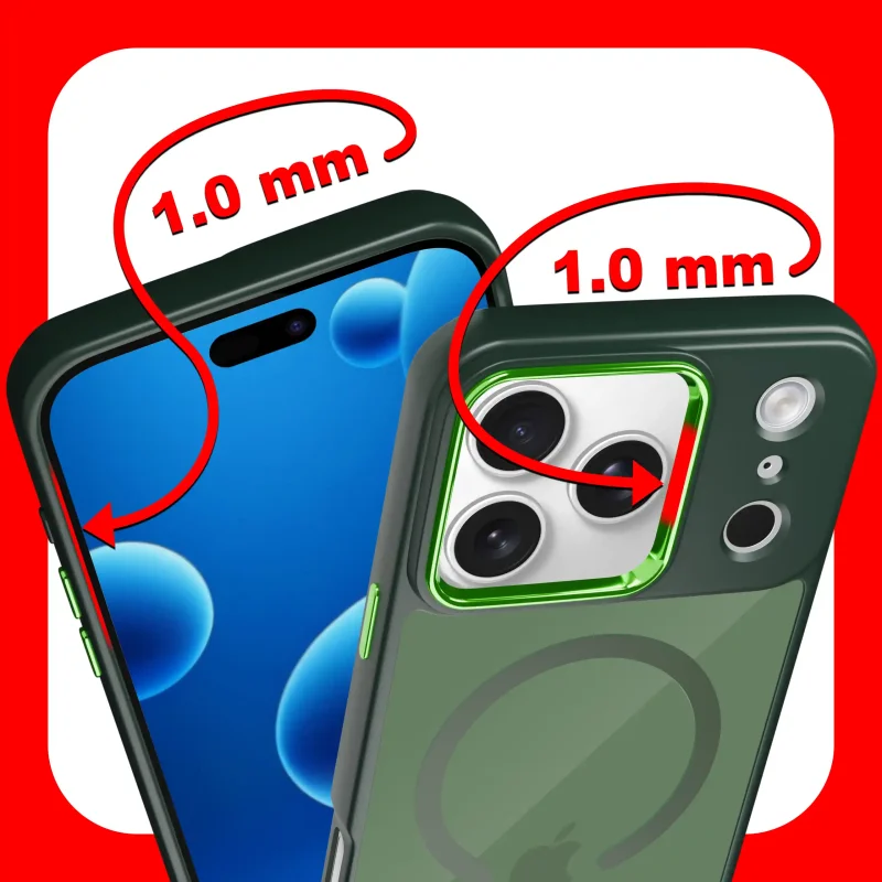 Etui magnetyczne iPhone 17 Pro zielone – zaznaczone podwyższone ranty 1 mm chroniące ekran i aparat