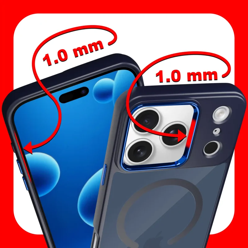 Etui magnetyczne iPhone 17 Pro granatowe – zaznaczone podwyższone ranty 1 mm chroniące ekran i aparat