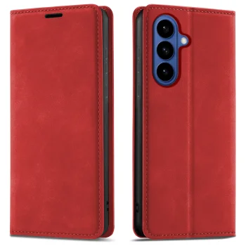 Etui do Samsung Galaxy S26 z klapką skórzane Velvet czerwone ze szkłem