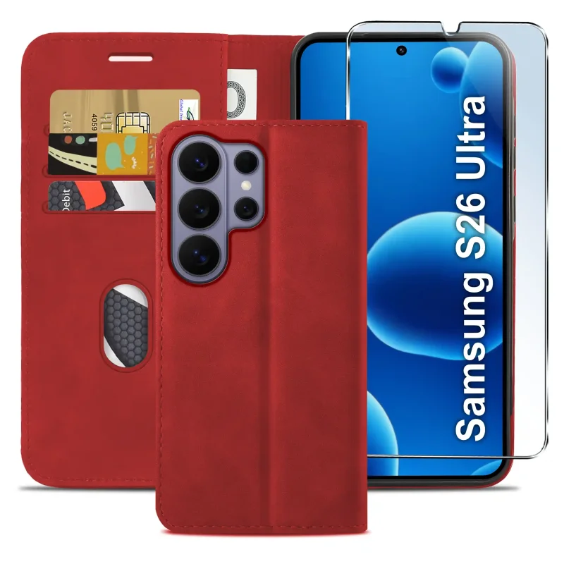 Skórzane etui book case Samsung Galaxy S26 Ultra w kolorze czerwonym – ochrona telefonu, miejsce na karty i dopasowana konstrukcja
