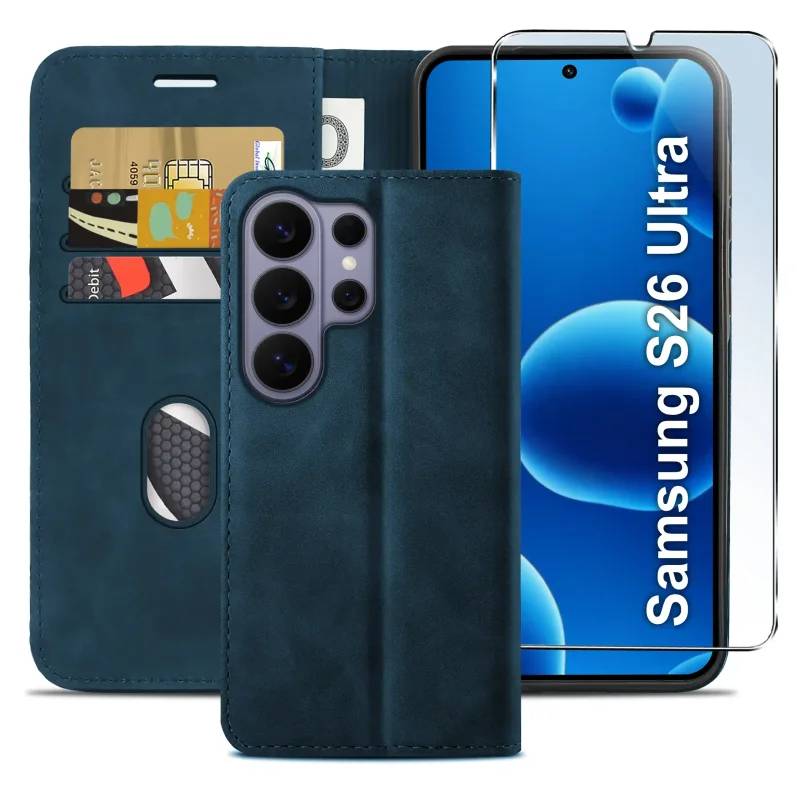 Skórzane etui book case Samsung Galaxy S26 Ultra w kolorze granatowym – ochrona telefonu, miejsce na karty i dopasowana konstrukcja