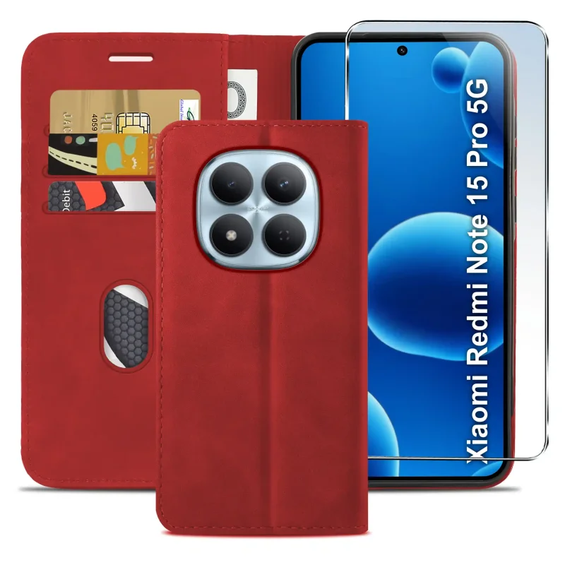 Skórzane etui book case Xiaomi Redmi Note 15 Pro 5G  w kolorze czerwonym – ochrona telefonu, miejsce na karty i dopasowana konstrukcja
