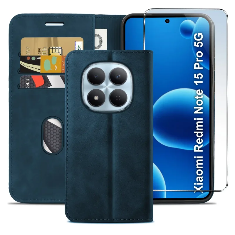 Skórzane etui book case Xiaomi Redmi Note 15 Pro 5G w kolorze granatowym – ochrona telefonu, miejsce na karty i dopasowana konstrukcja