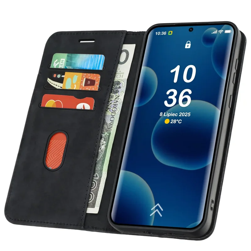 Etui z klapką do Xiaomi Redmi Note 15 Pro+ Plus 5G z kieszonkami na karty i miejscem na gotówkę – funkcjonalny czarny pokrowiec