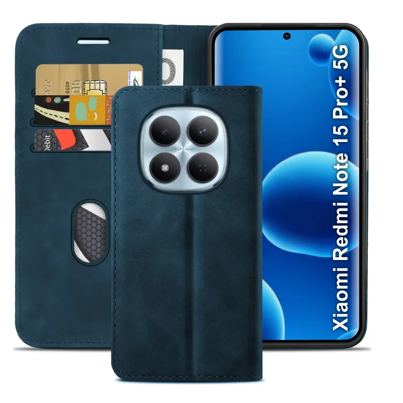 Skórzane etui book case Xiaomi Redmi Note 15 Pro+ Plus 5G w kolorze granatowym – ochrona telefonu, miejsce na karty i dopasowana konstrukcja