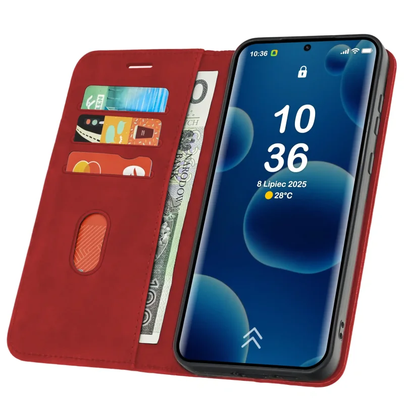 Etui z klapką do Xiaomi Redmi Note 15 4G / 5G z kieszonkami na karty i miejscem na gotówkę – funkcjonalny czerwony pokrowiec