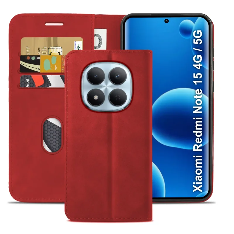 Skórzane etui book case Xiaomi Redmi Note 15 4G / 5G  w kolorze czerwonym – ochrona telefonu, miejsce na karty i dopasowana konstrukcja