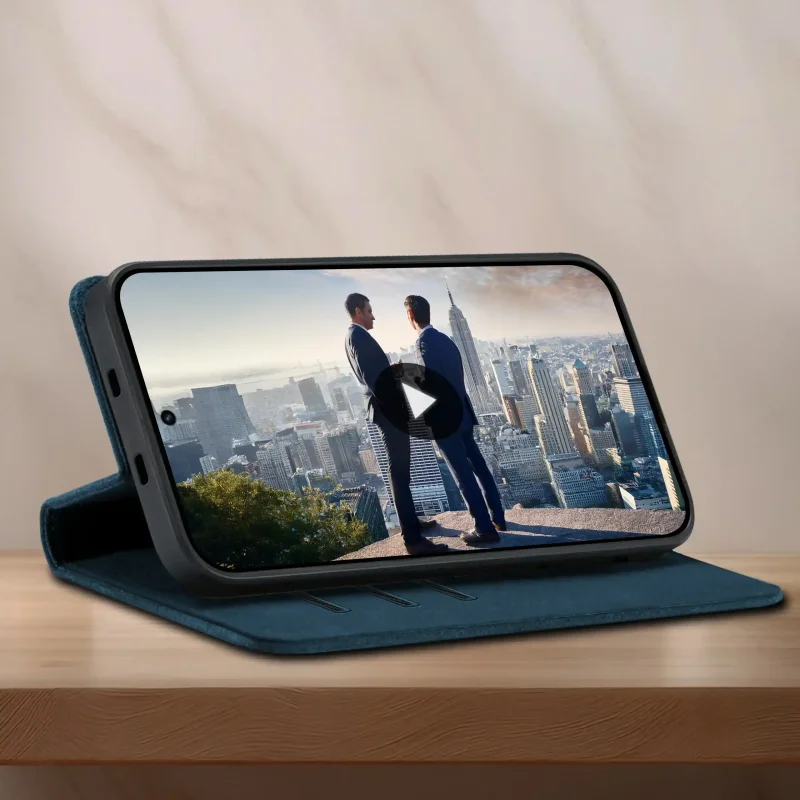 Etui z funkcją podstawki do Xiaomi Redmi Note 15 4G / 5G granatowe – wygodne oglądanie filmów w pozycji poziomej