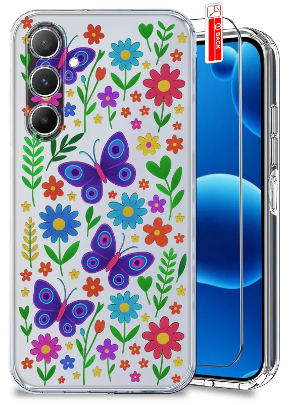 Etui wiosenne do Samsung Galaxy A26 5G przezroczyste z kolorowym wzorem kwiatków, motylków i motywów natury