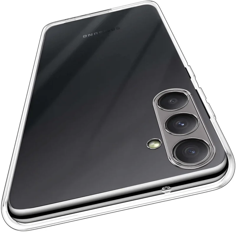 Wzmocniona ochrona aparatu w etui przezroczystym do Samsung Galaxy S24 Fe – zbliżenie na wyspę kamery