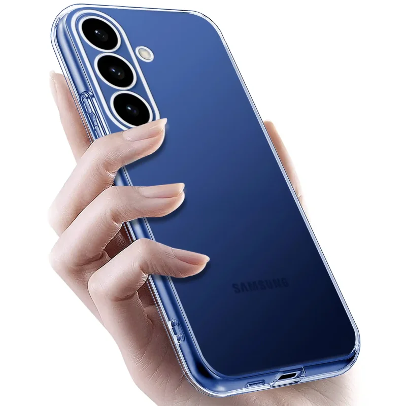 Samsung Galaxy S26 Plus w przezroczystym etui TPU – widok z tyłu, telefon trzymany w dłoni