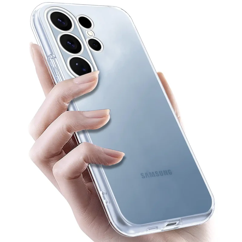 Samsung Galaxy S26 Ultra w przezroczystym etui TPU – widok z tyłu, telefon trzymany w dłoni