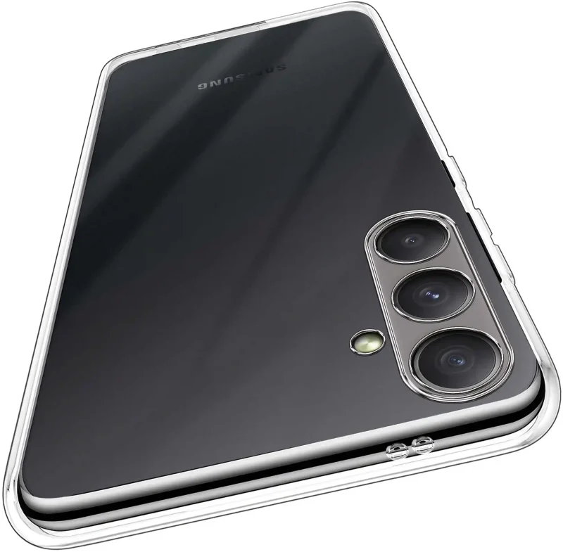 Wzmocniona ochrona aparatu w etui przezroczystym do Samsung Galaxy M55 5G – zbliżenie na wyspę kamery