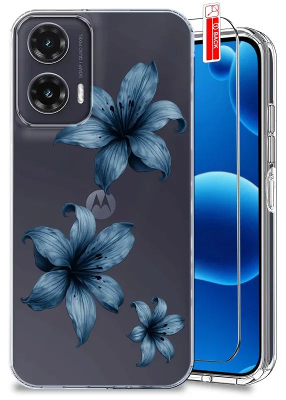 Etui wiosenne do Motorola Moto G35 5G przezroczyste z kolorowym wzorem niebieskich kwiatków