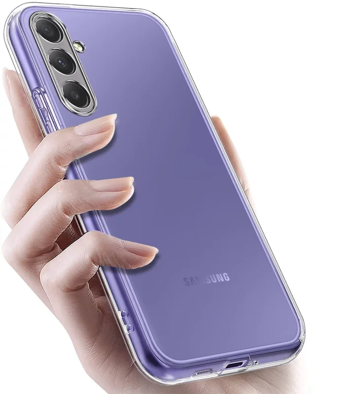 Samsung Galaxy M35 5G w przezroczystym etui TPU – widok z tyłu, telefon trzymany w dłoni