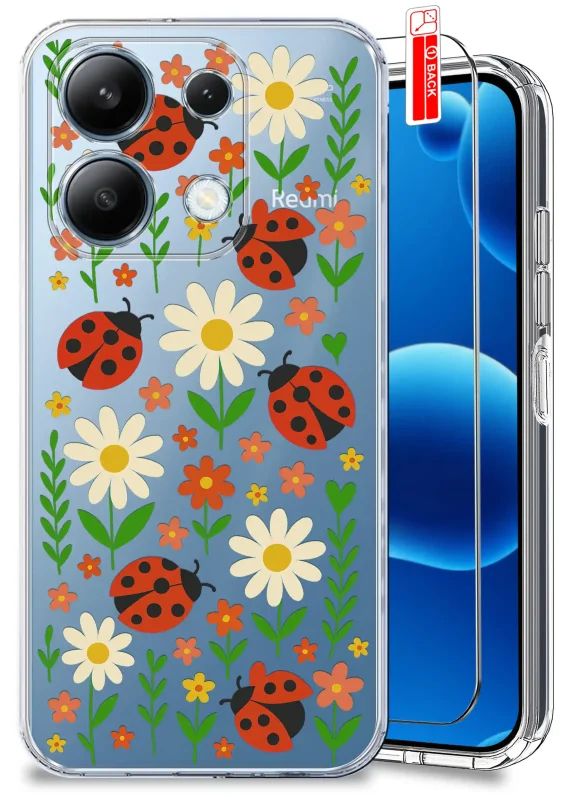 Etui wiosenne do Xiaomi Redmi Note 13 Pro 4G przezroczyste z kolorowym wzorem kwiatków, biedronek i motywów natury