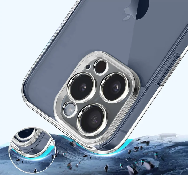 Wzmocniona ochrona aparatu w etui przezroczystym do iPhone 15 Pro Max – zbliżenie na wyspę kamery
