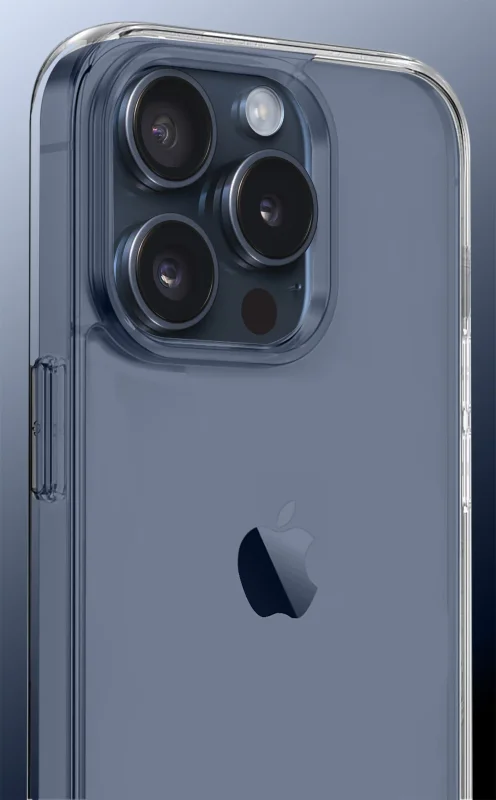 Wzmocniona ochrona aparatu w etui przezroczystym do iPhone 15 Pro – zbliżenie na wyspę kamery